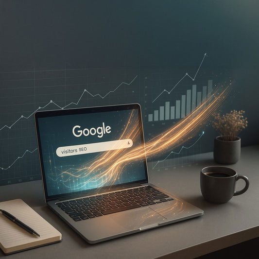 AI generoitu kuva tietokoneen näytöstä, missä Googlen hakukone avoinna. Sähköinen tunnelma luo mielikuvaa hakukoneoptimoinnin avulla lisääntyneestä näkyvyydestä.