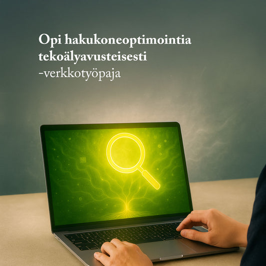 Tietokoneen ääressä istuva henkilö, jonka edessä tietokoneen ruutu. Ruudulla tekoälyavusteista hakukoneoptimointia muistuttava tekoälyllä luotu suurennuslasi vihreällä taustalla. Yllä teksti: Opi hakukoneoptimointia tekoälyavusteisesti.