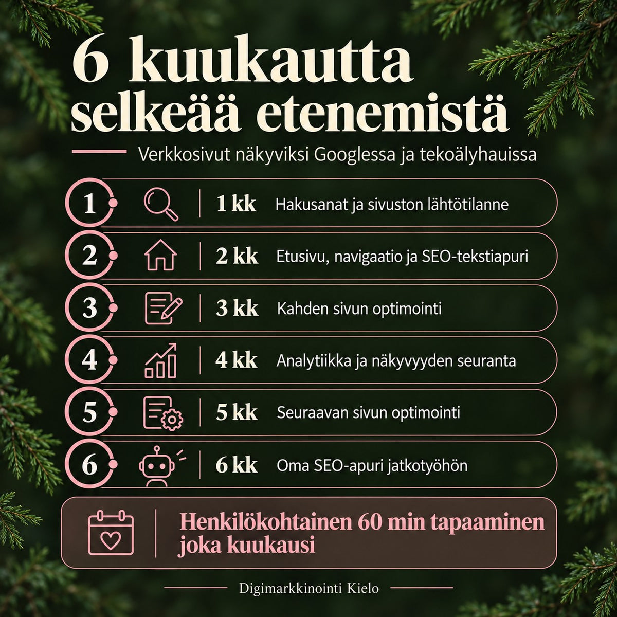 Verkkosivut näkyviksi Googlessa ja tekoälyhauissa – 6 kuukauden SEO-ohjelma pienyrittäjälle