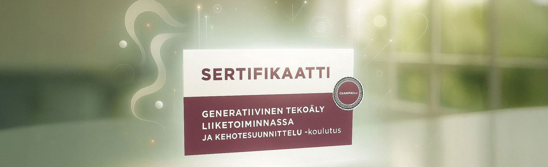 Kuva generatiivinen tekoäly liiketoiminnassa ja kehotesuunnittelu sertifikaatista. Se oikeuttaa tuottamaan tekoälykoulutusta ja tekoäly Custom GPT -botteja yrityksille ammattitaidolla.