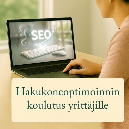Tietokoneen äärellä istuu henkilö ja ruudulla näkyy futuristinen SEO-teksti. Kuvan alareunassa teksti: Hakukoneoptimoinnin koulutus yrittäjille.