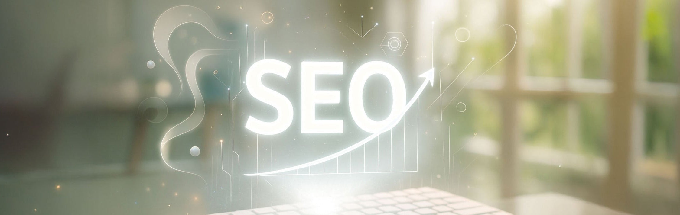 Tekoälyllä luotu kuva näppäimistöstä, minkä päälle heijastuu tekstinä SEO. Kuvastaa nykyaikaisia SEO-palveluita yritysten erilasiin tarpeisiin.